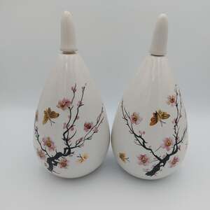 Vintage Hand Decorated White Porcelain Decanters Pair Cherry Blossom 9.5"